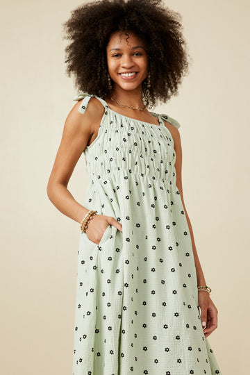 HY6884 Mint Womens Polka Dot Tie Strap Smocked Dress Gif